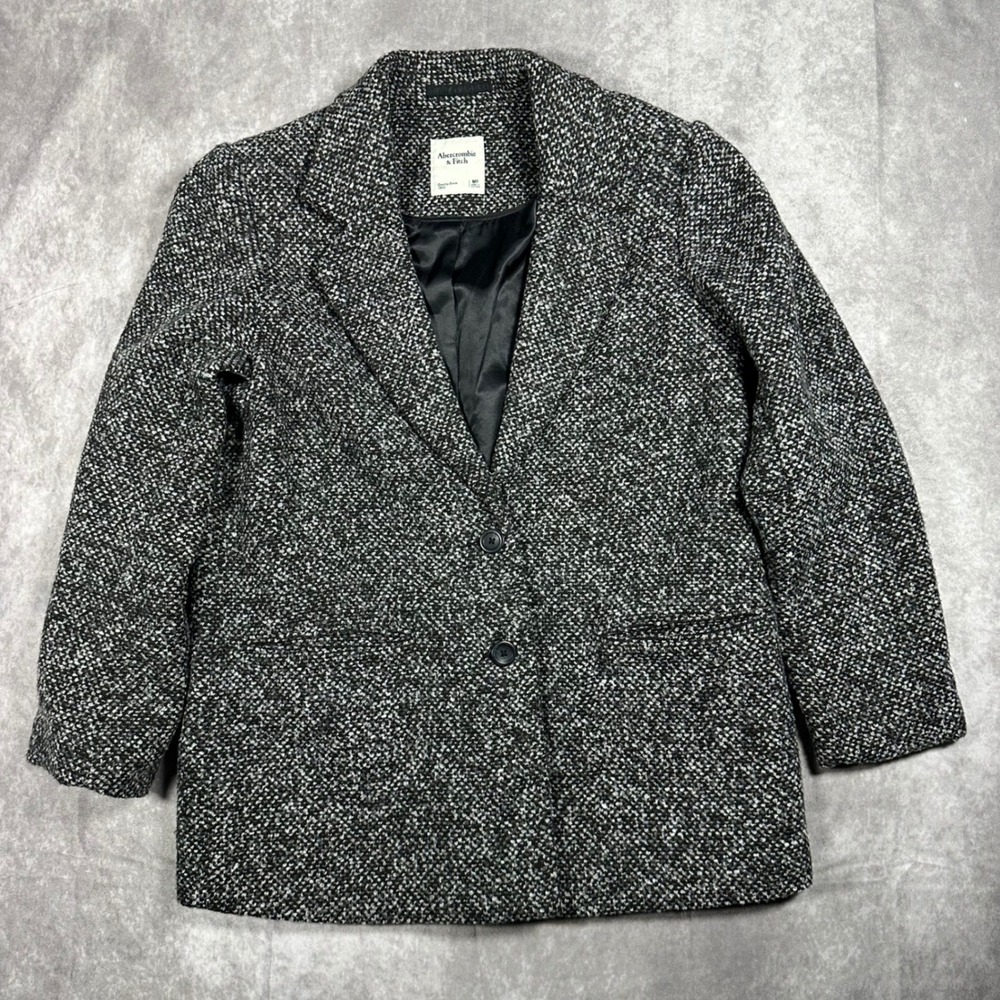 Abercrombie & Fitch Womens Black White Wool Blend Tweed Blazer Coat Jacket MP